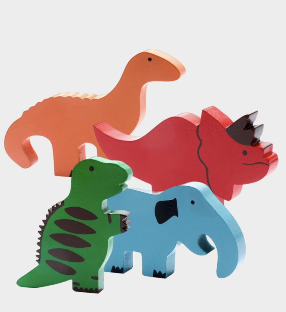 Best Years Wooden Dinosaur Set of four handmade wooden dinosaur toys in white drawstring bag