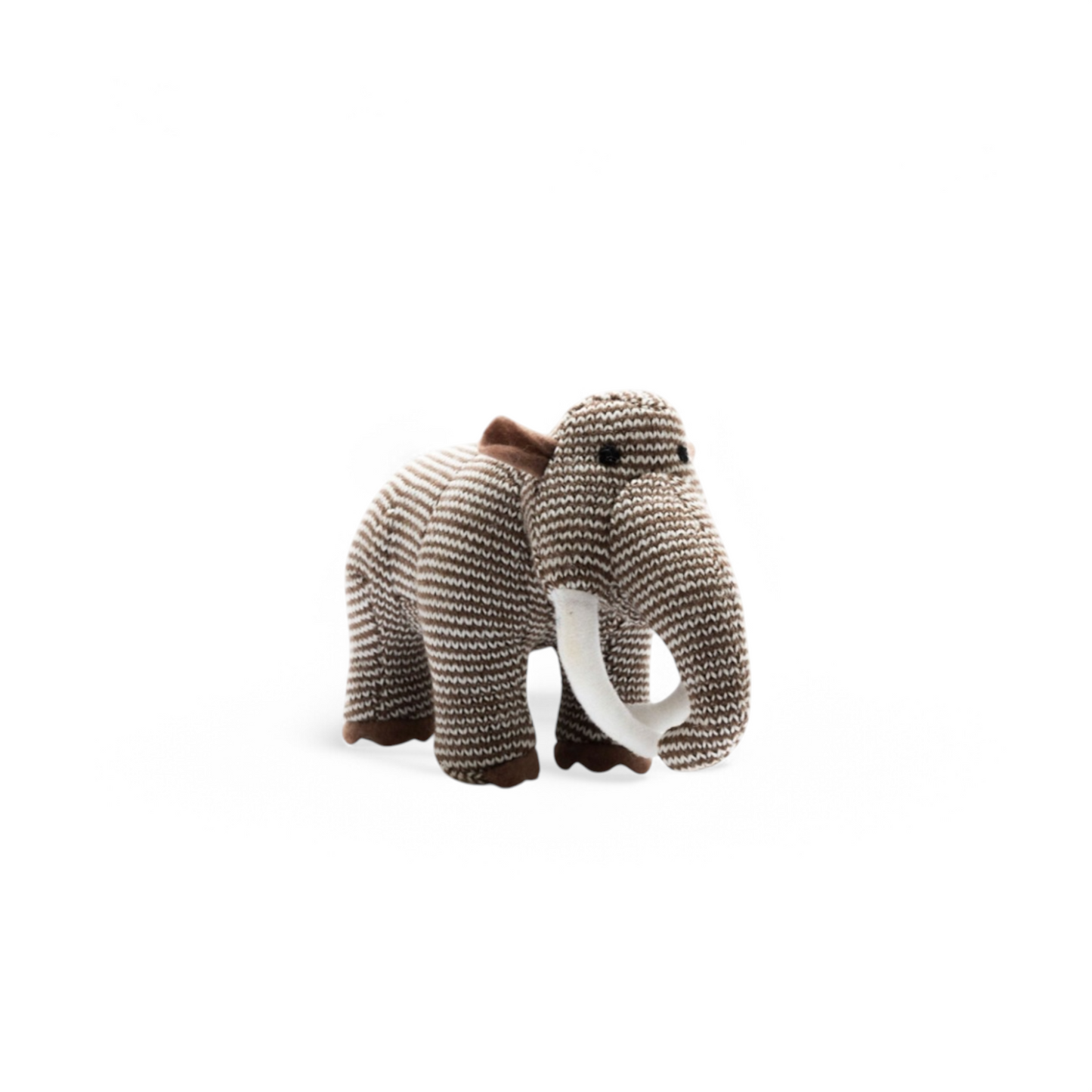 Brown striped Woolly Mammoth knitted dinosaur rattle for babies and toddlers
