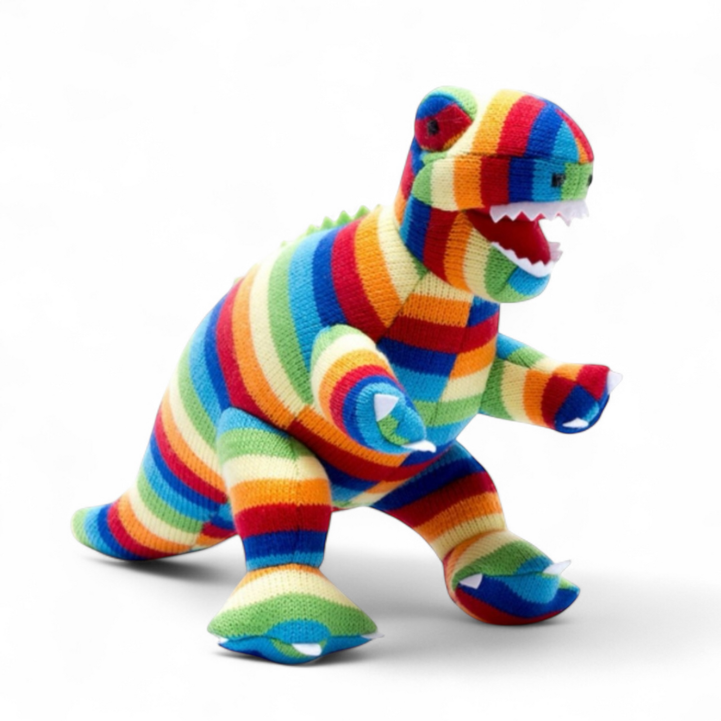 Knitted Bright Stripe T Rex dinosaur toy with bold stripes, suitable from birth, machine washable and safety tested