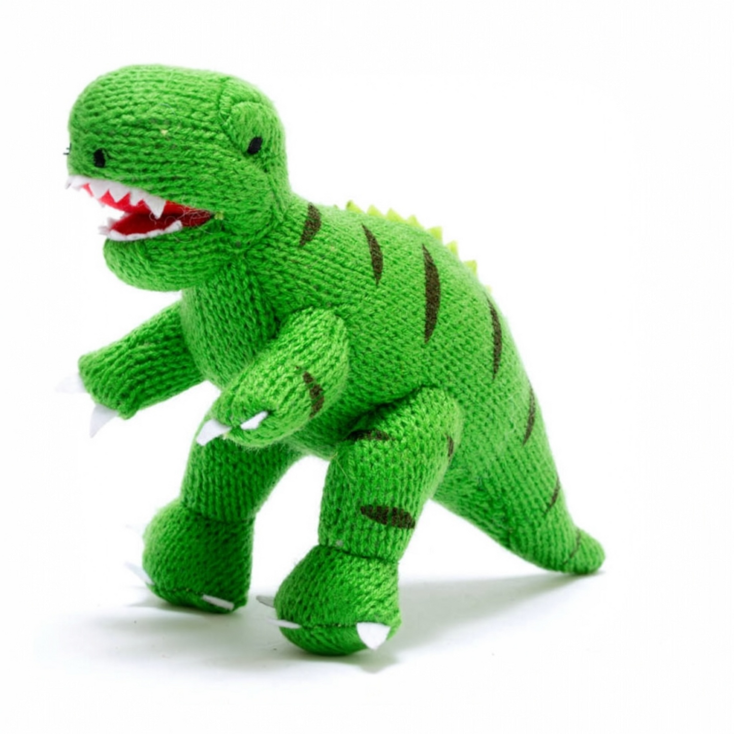 Knitted green T Rex dinosaur toy for children, bright stripe design, safe and machine washable