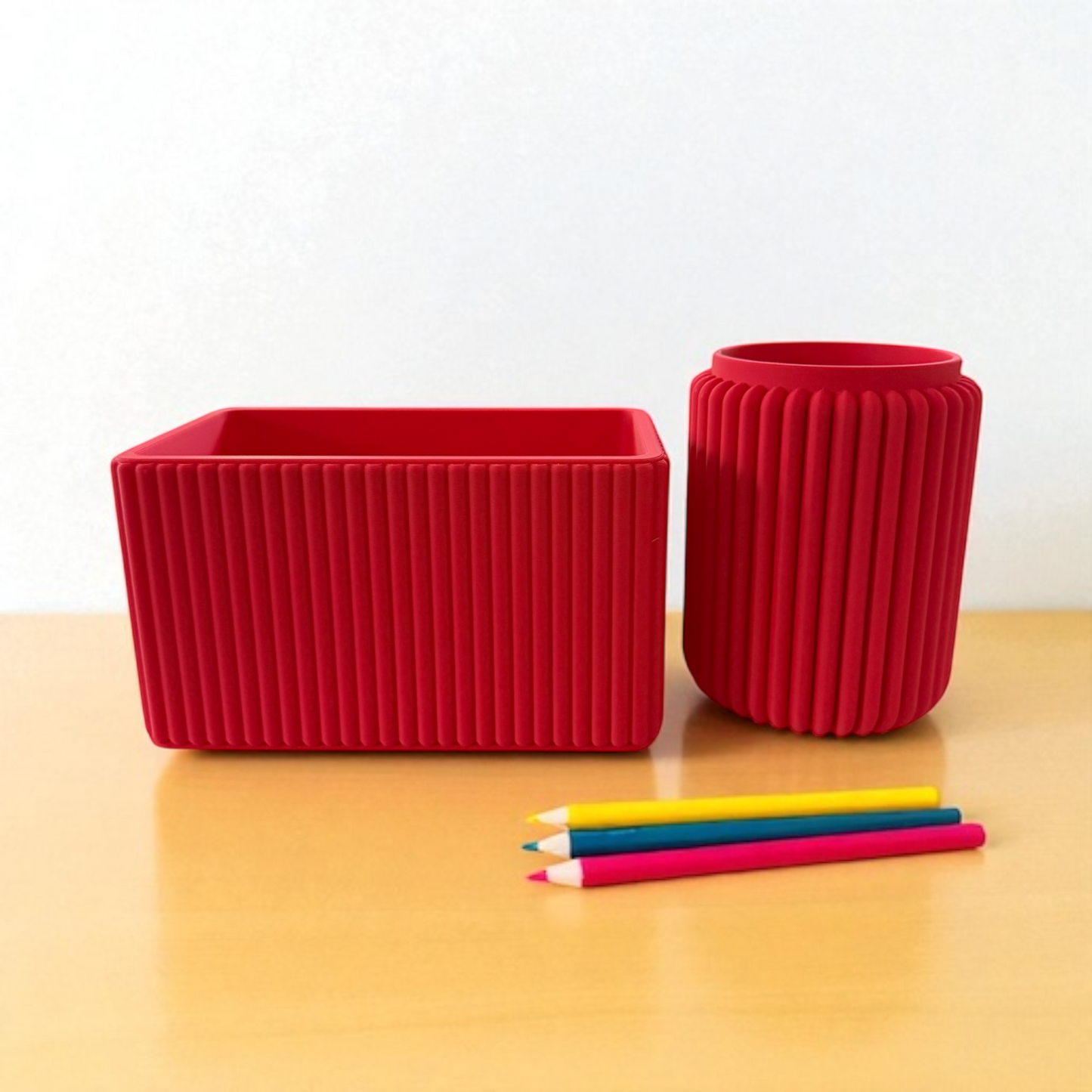 Modern red ribbed desk tidy duo organizer for pens and accessories