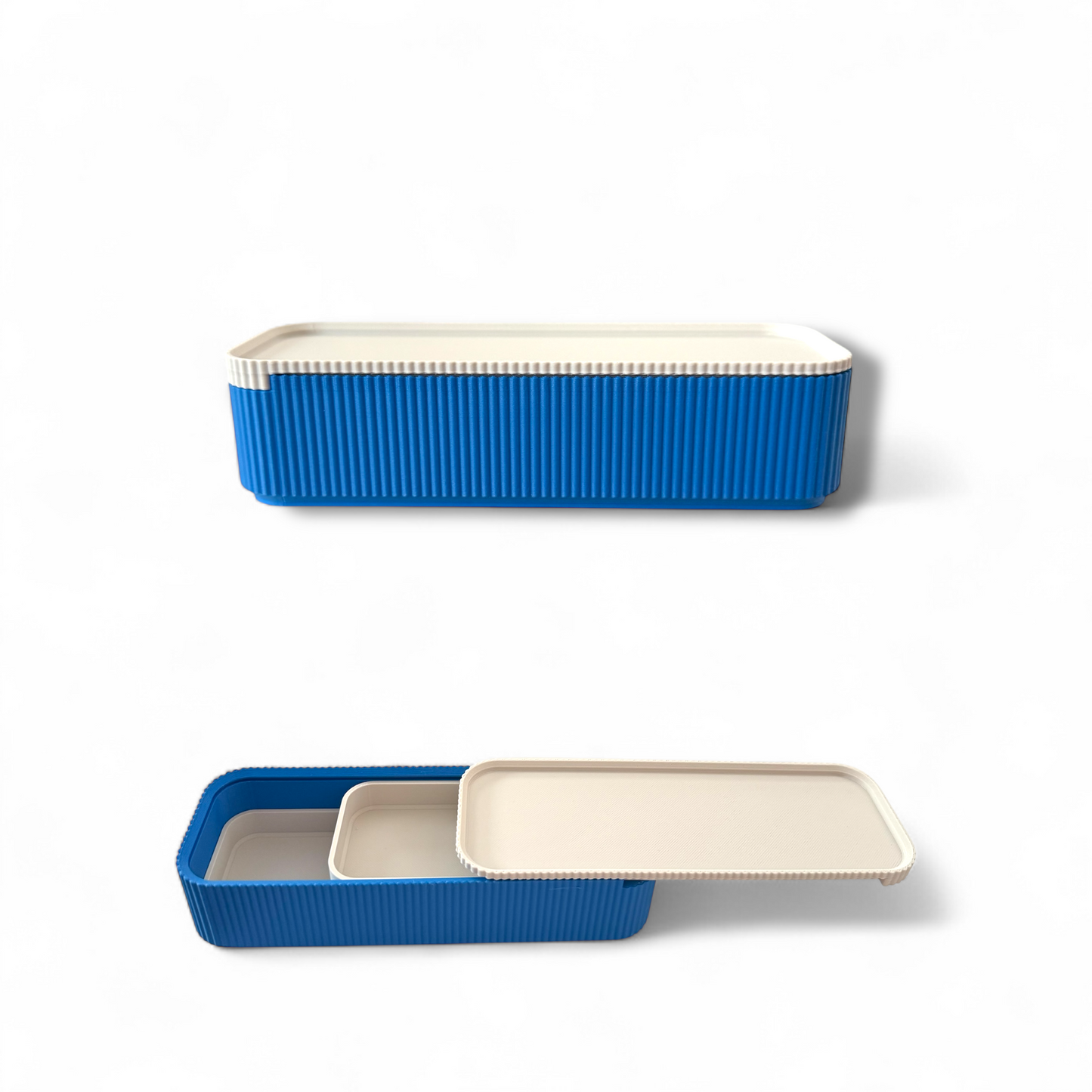 Blue pencil case with sliding lock lid and internal sliding tray, 18.5cm long, secure and durable UK-made stationery organizer