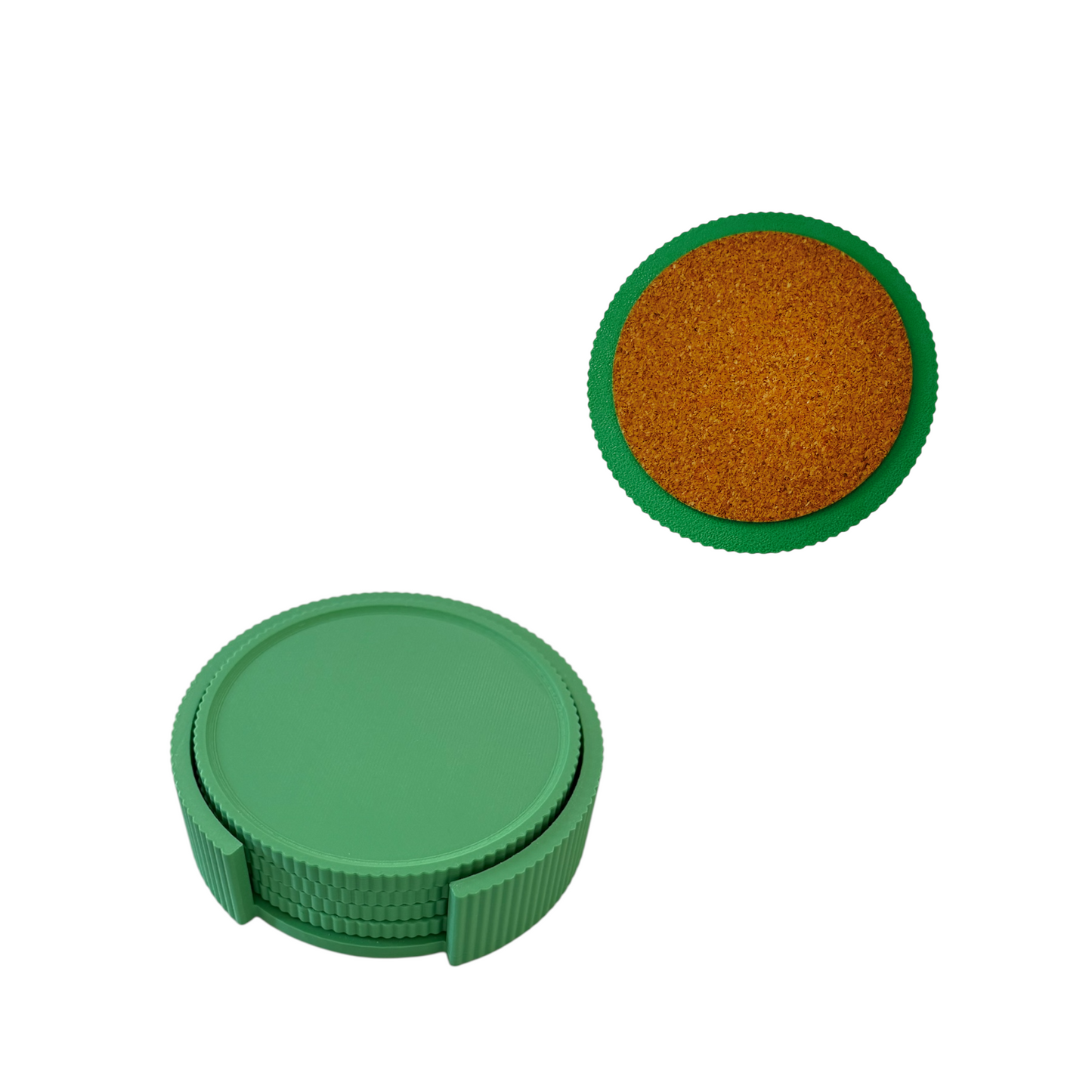 BRIGHTS Green Coaster Set with four vibrant coasters and cork backing in matching holder