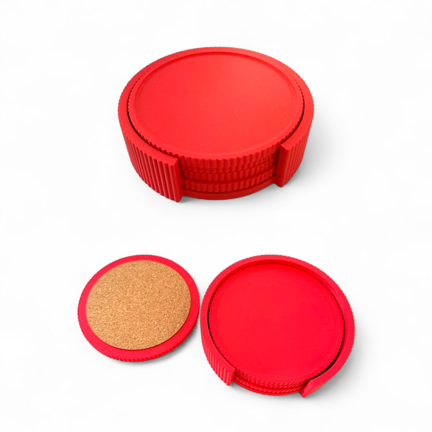 BRIGHTS Red Coaster Set with four red coasters and cork backing in a matching holder