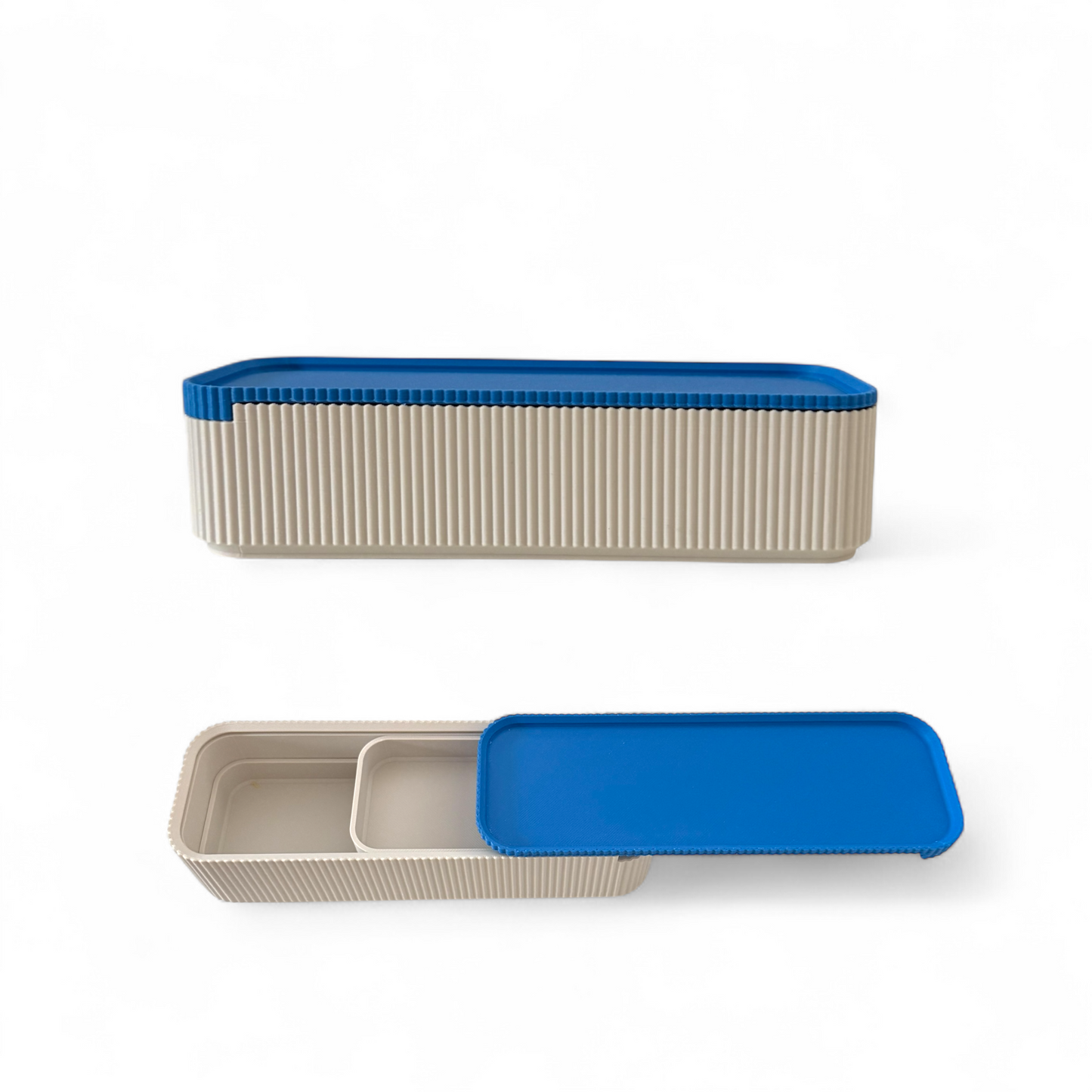Beige pencil case with sliding lock lid and internal tray for secure storage