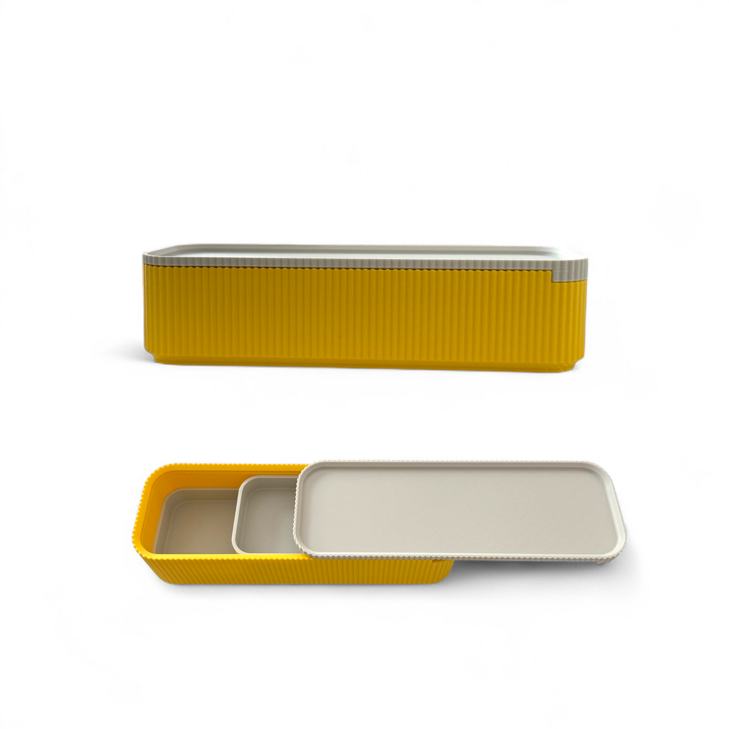 Yellow pencil case with sliding lock lid and internal tray for secure storage