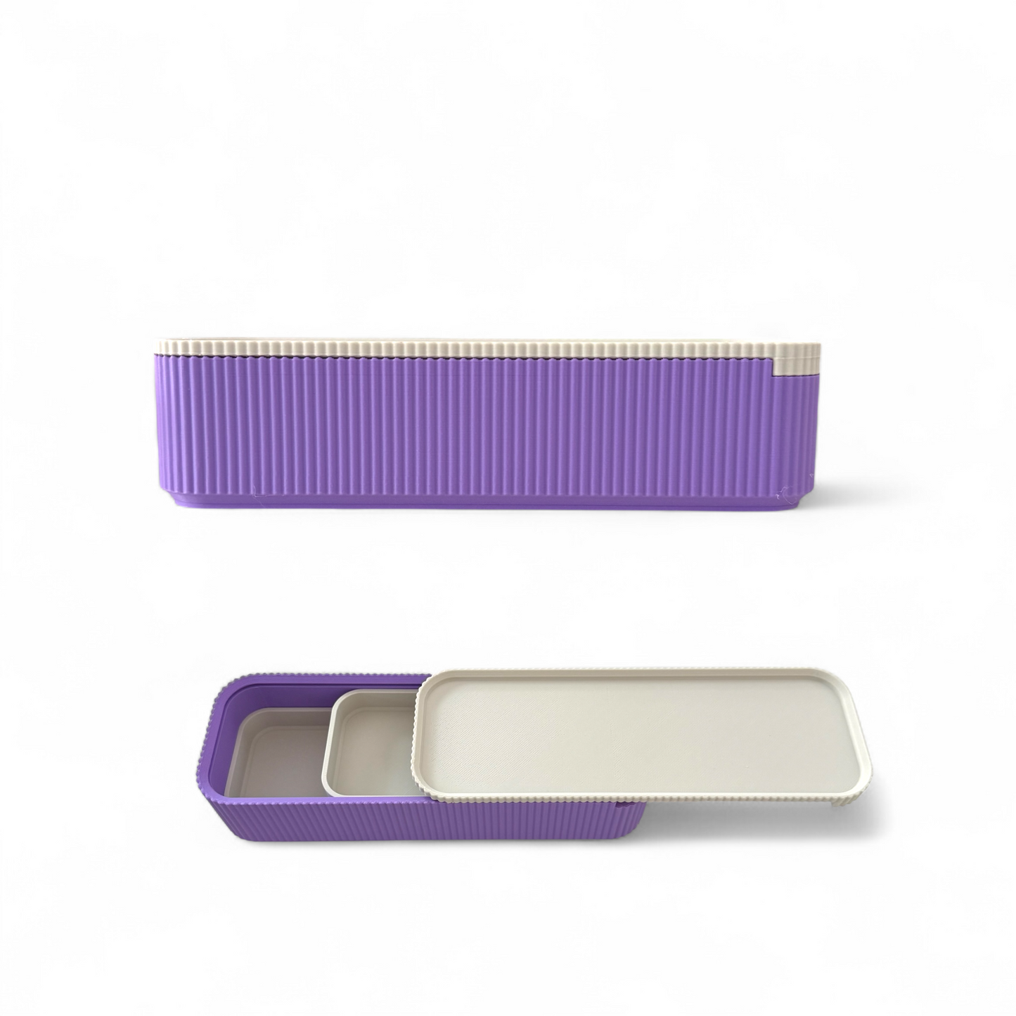 Lilac pencil case with sliding lid and internal tray for secure storage