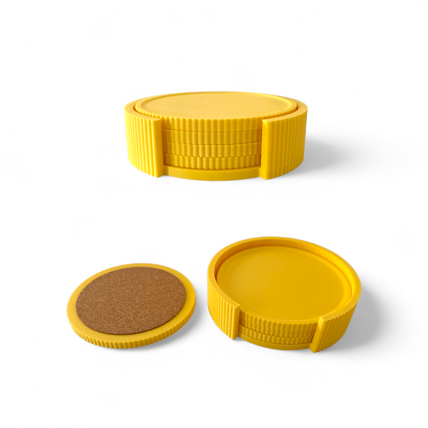 BRIGHTS Yellow Coaster Set with four vibrant yellow coasters and cork backing in matching holder