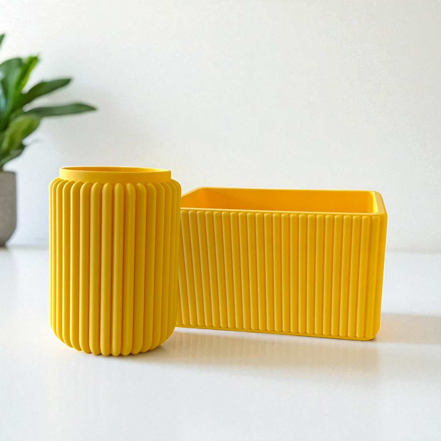 Yellow Ribbed Desk Tidy Duo with ribbed design for organizing pens and accessories