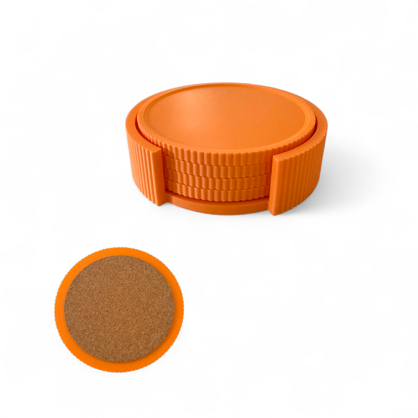 BRIGHTS Orange Coaster Set with four bright orange coasters and cork backing in matching holder