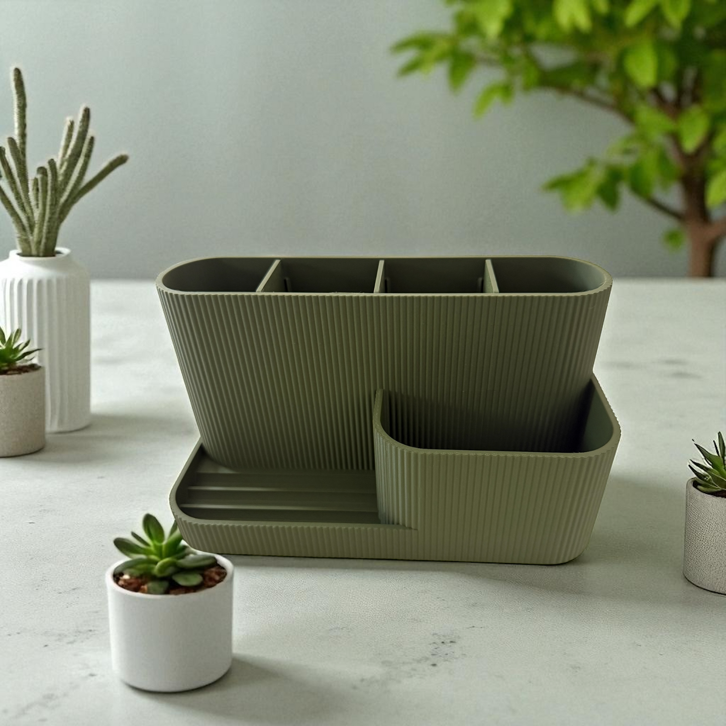 Olive desk organiser phone stand with pen slots and matte ribbed texture
