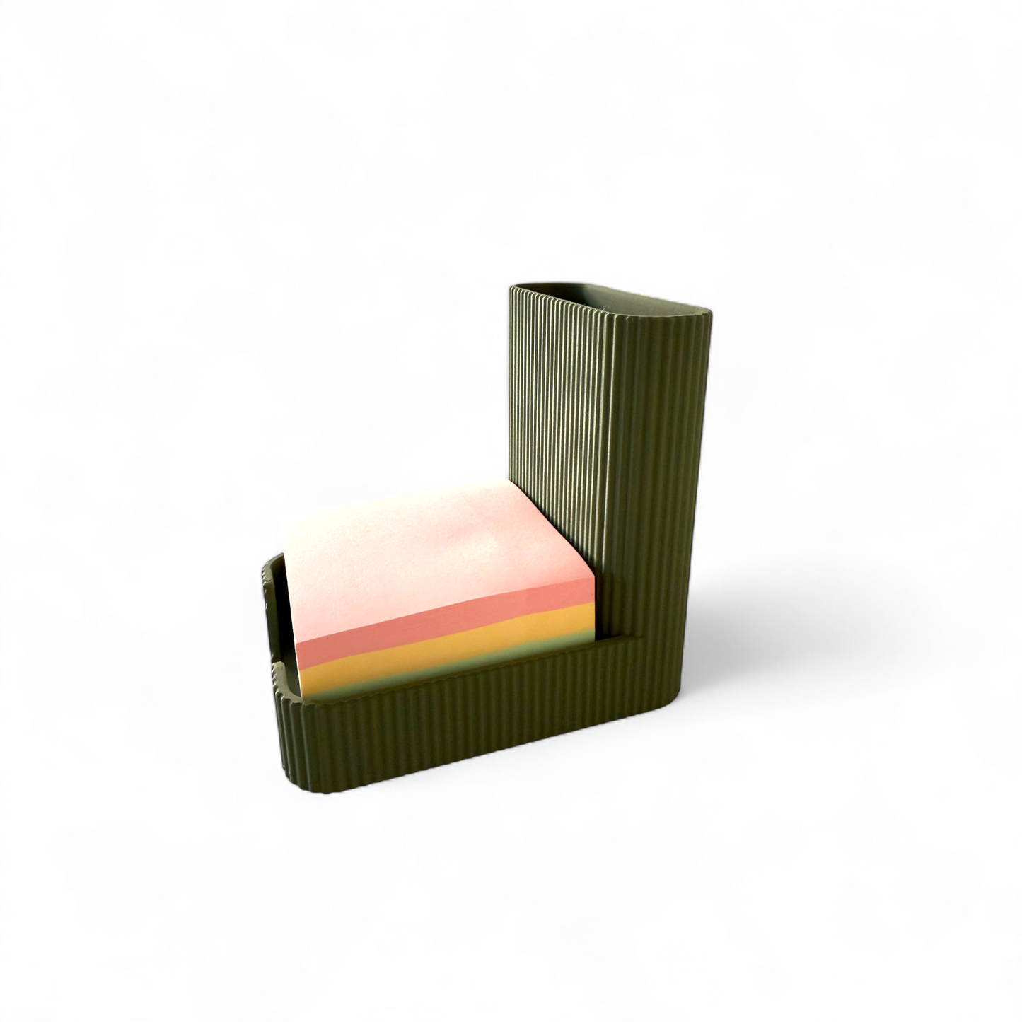 Olive green sticky notes pen pot with ribbed texture and pen slot for workspace organization