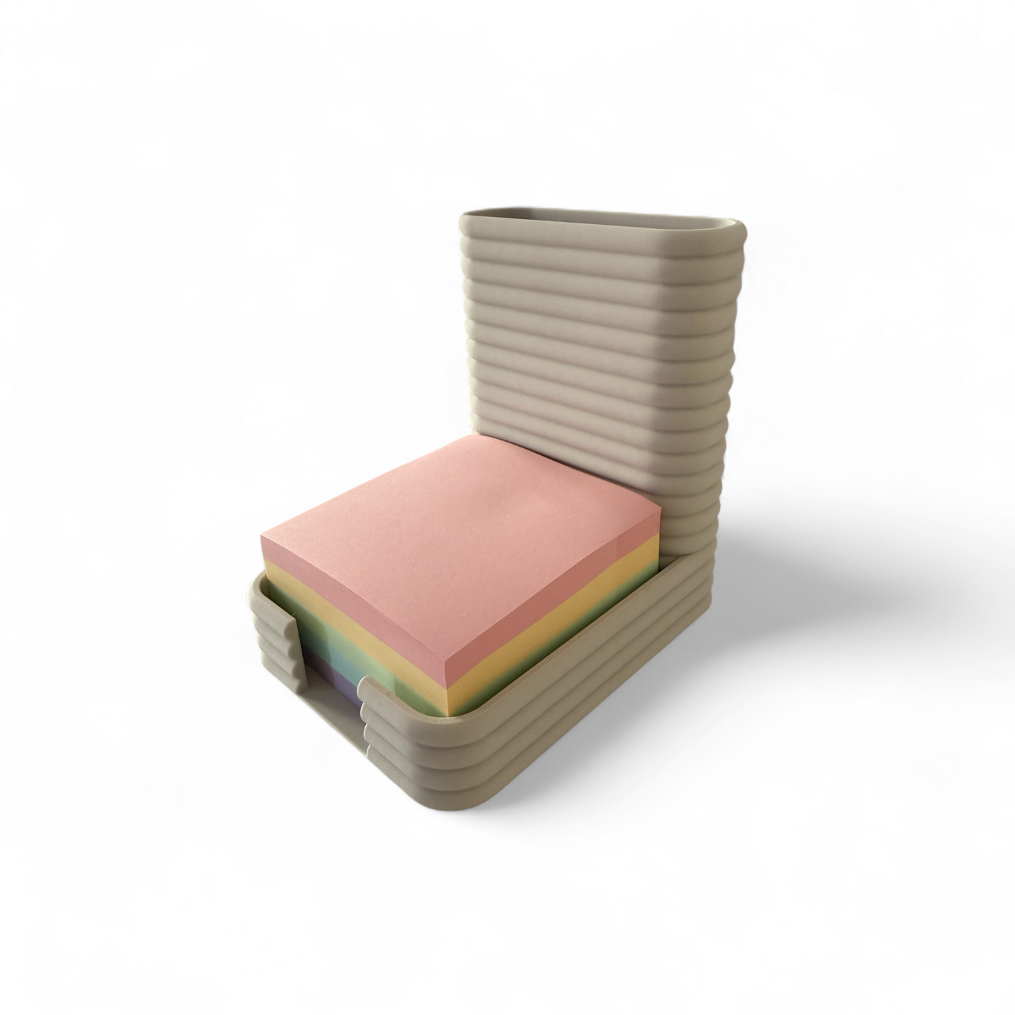 Bone colored Sticky Notes Pen Pot with ribbed texture and pen slot for organized workspace