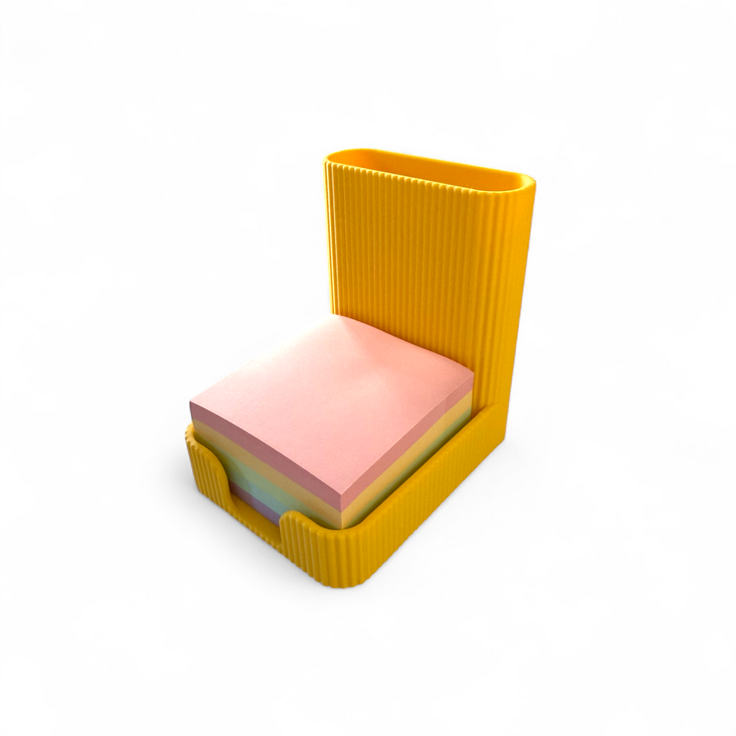 Yellow matte ribbed sticky notes pen pot with integrated pen slot and sticky notes holder