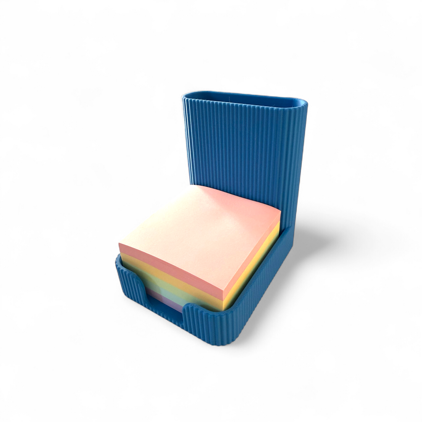 Marine blue sticky notes pen pot with ribbed texture and integrated pen holder