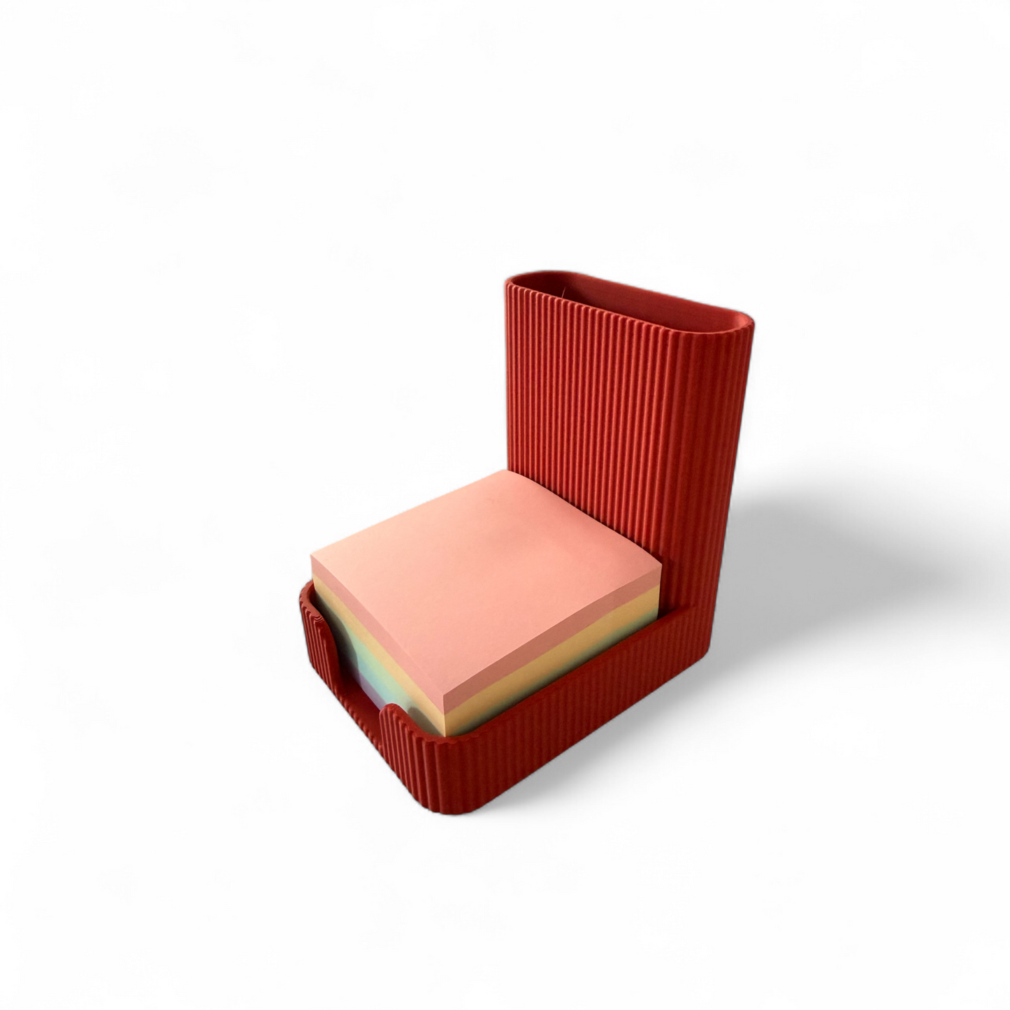 Deep red sticky notes pen pot with ribbed texture and pen slot for organized workspace