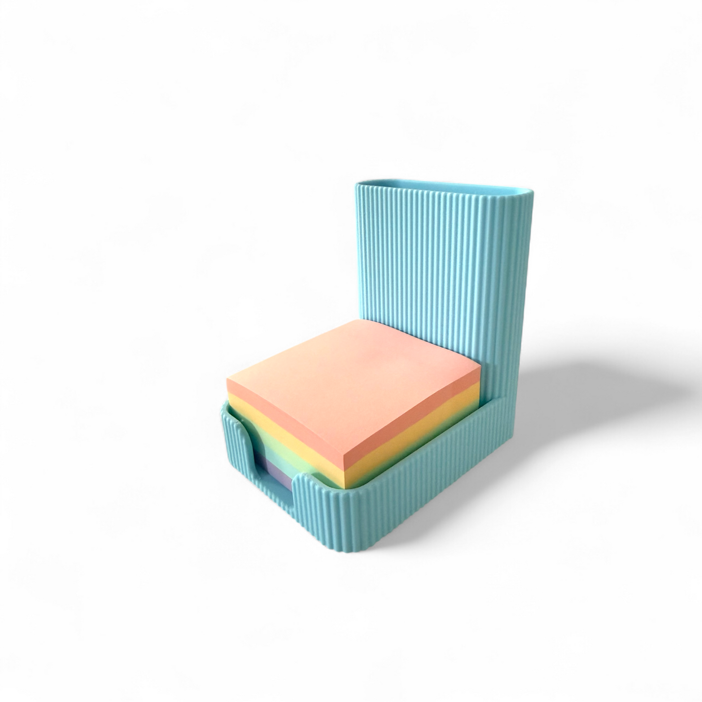 Baby blue sticky notes pen pot with ribbed texture and pen slot for neat workspace organization