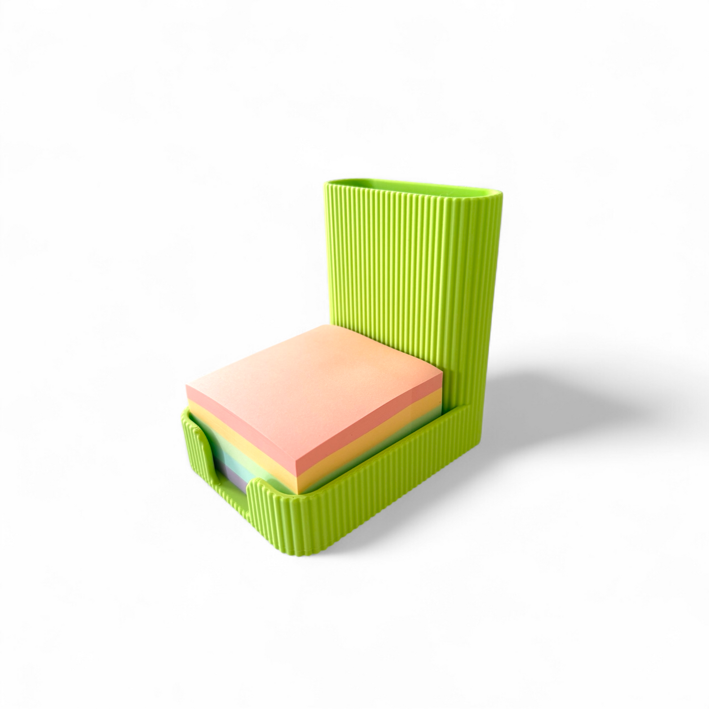Lime ribbed sticky notes pen pot with integrated holder and pen slot for desk organization
