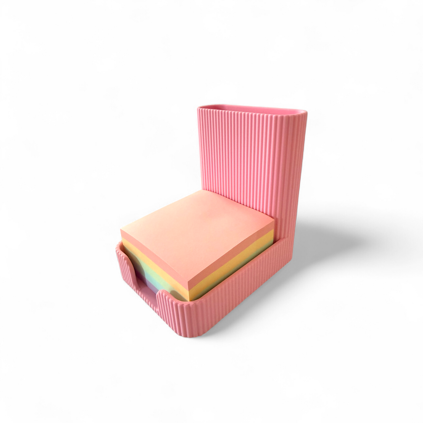 Soft pink sticky notes pen pot with ribbed texture and integrated pen slot