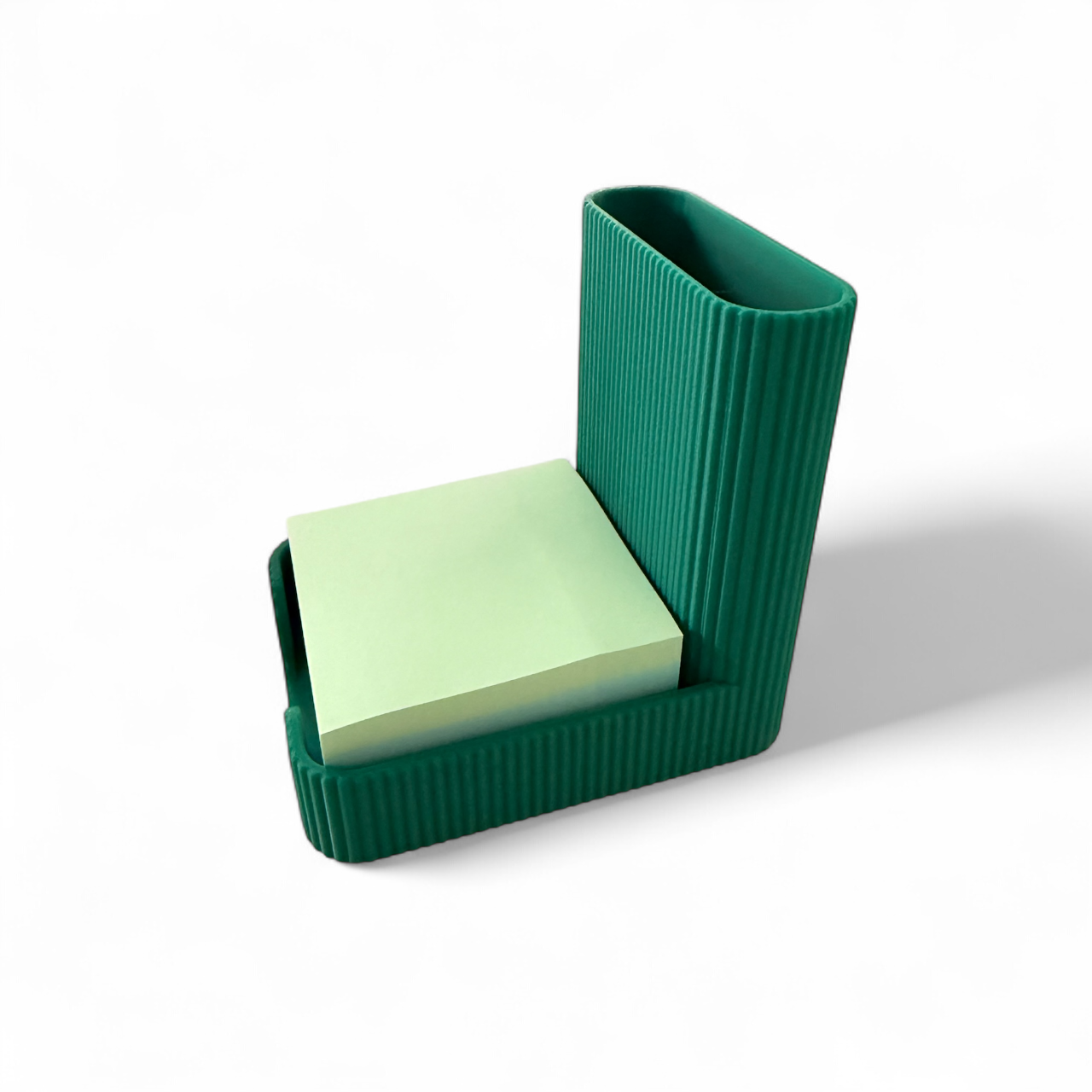 Winter Green satin ribbed sticky notes pen pot with integrated pen holder and sticky notes block