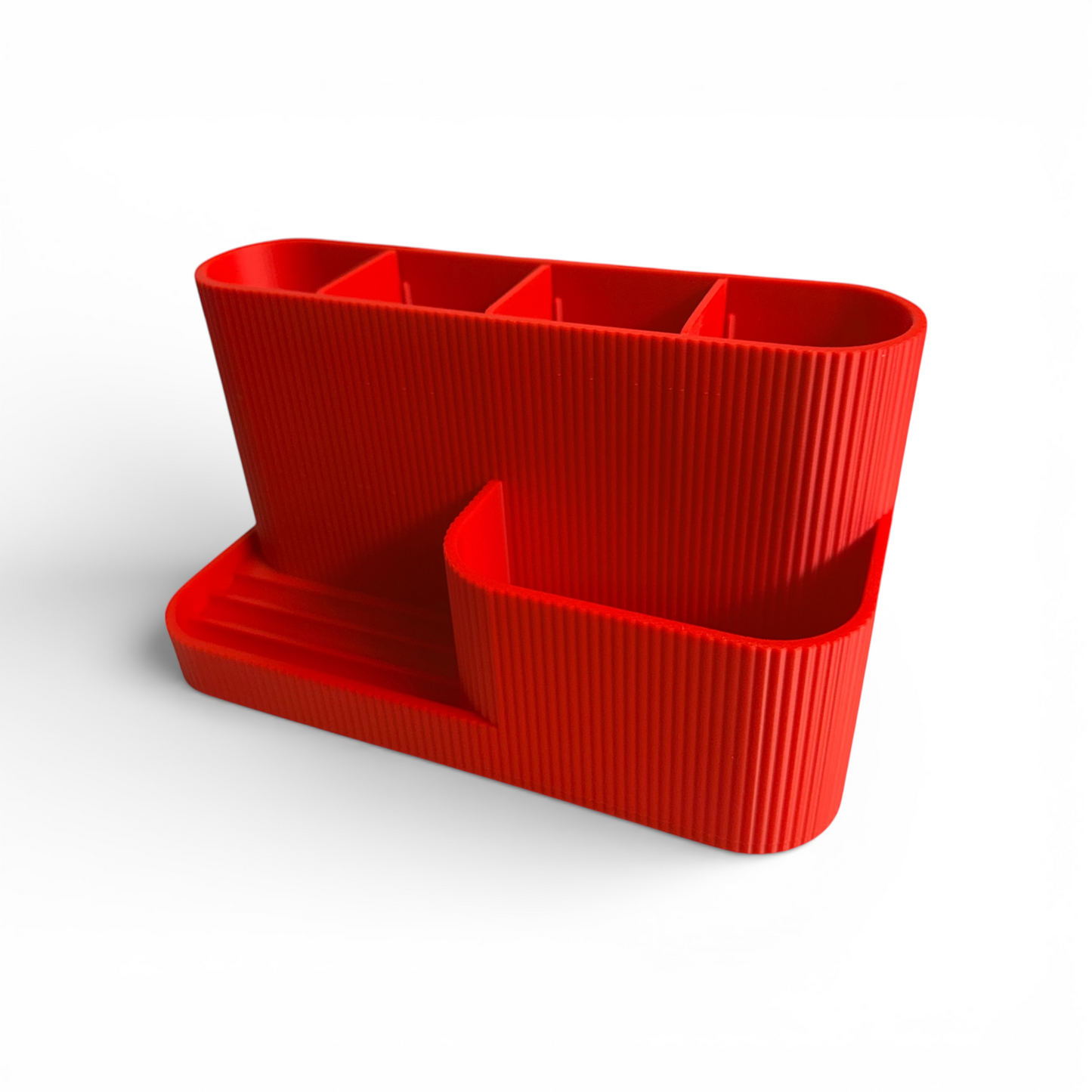 Red satin desk organiser with phone stand and pen slots for tidy workspace