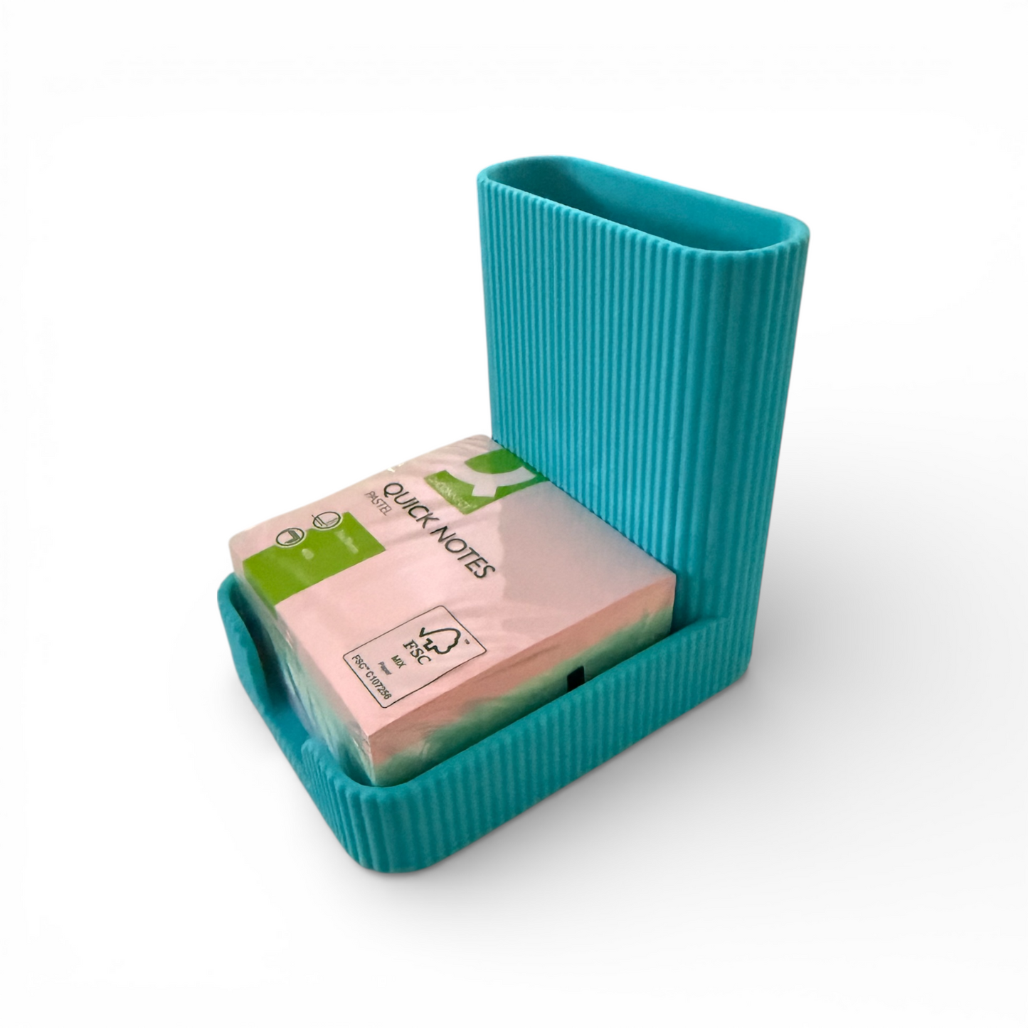 Turquoise satin ribbed sticky notes pen pot with integrated pen holder and sticky notes block