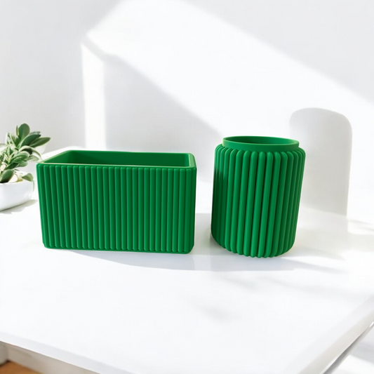 Modern Green Ribbed Desk Tidy Duo