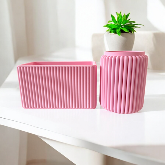 Modern Baby Pink Ribbed Desk Tidy Duo