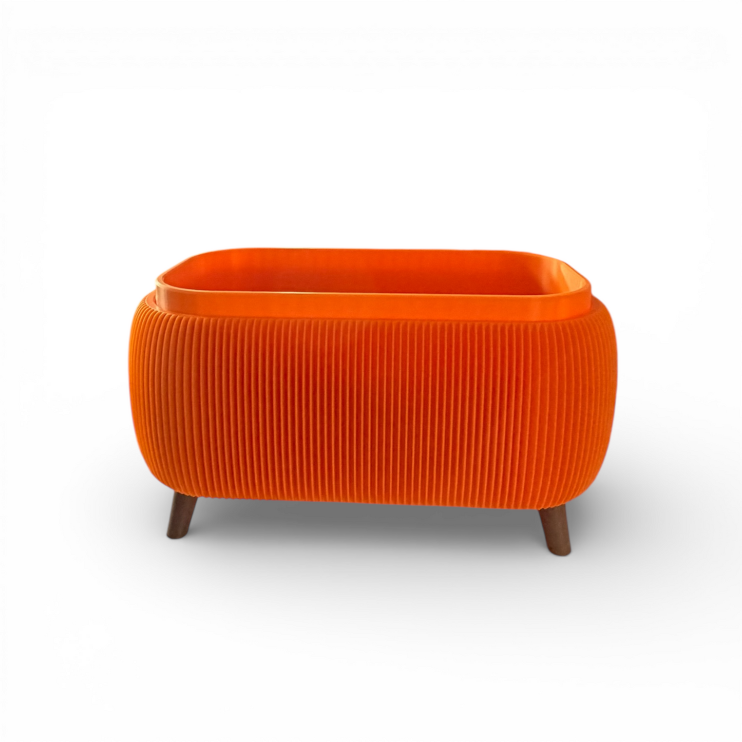 Retro Rounded Oblong Planter Pumpkin Satin with ribbed texture and drainage liner for indoor plants