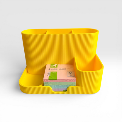 Bright lemon desk organiser/sticky note holder with multiple compartments and integrated sticky notes pad