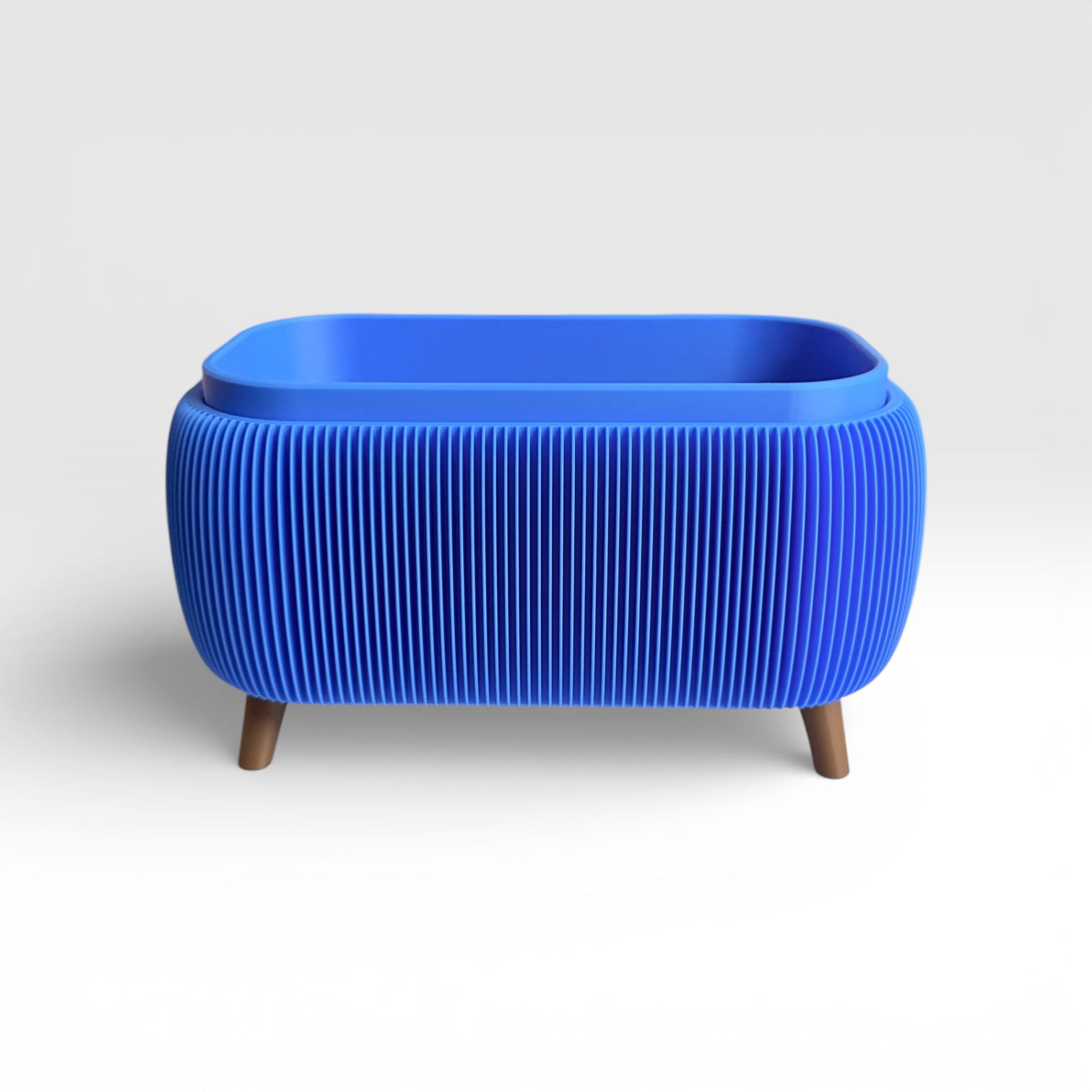 Retro Rounded Oblong Planter in True Blue with ribbed texture and liner insert for indoor herbs and small plants