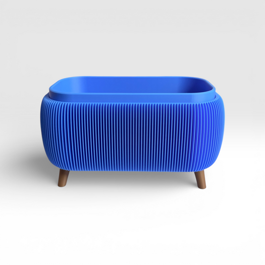 Retro Rounded Oblong Planter in True Blue with ribbed texture and liner insert for indoor herbs and small plants