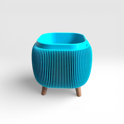 Turquoise retro rounded square planter with ribbed texture and raised feet, including liner insert for drainage, ideal for indoor herbs and small plants.