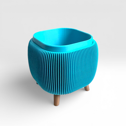 Turquoise retro rounded square planter with ribbed texture and liner insert for indoor herbs and small plants