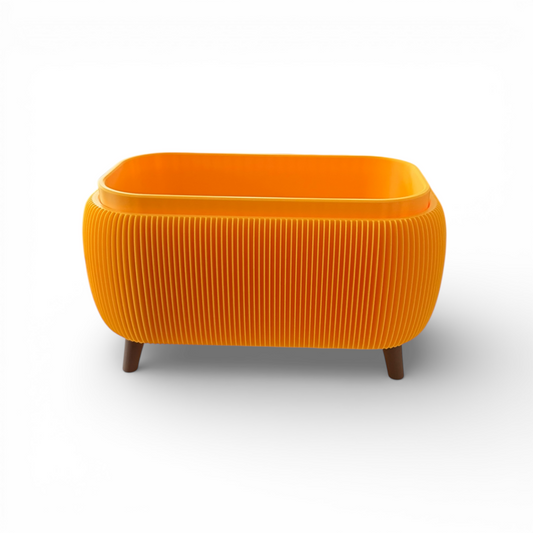 Retro Rounded Oblong Planter in bright sunflower satin with ribbed texture and raised feet for indoor plants