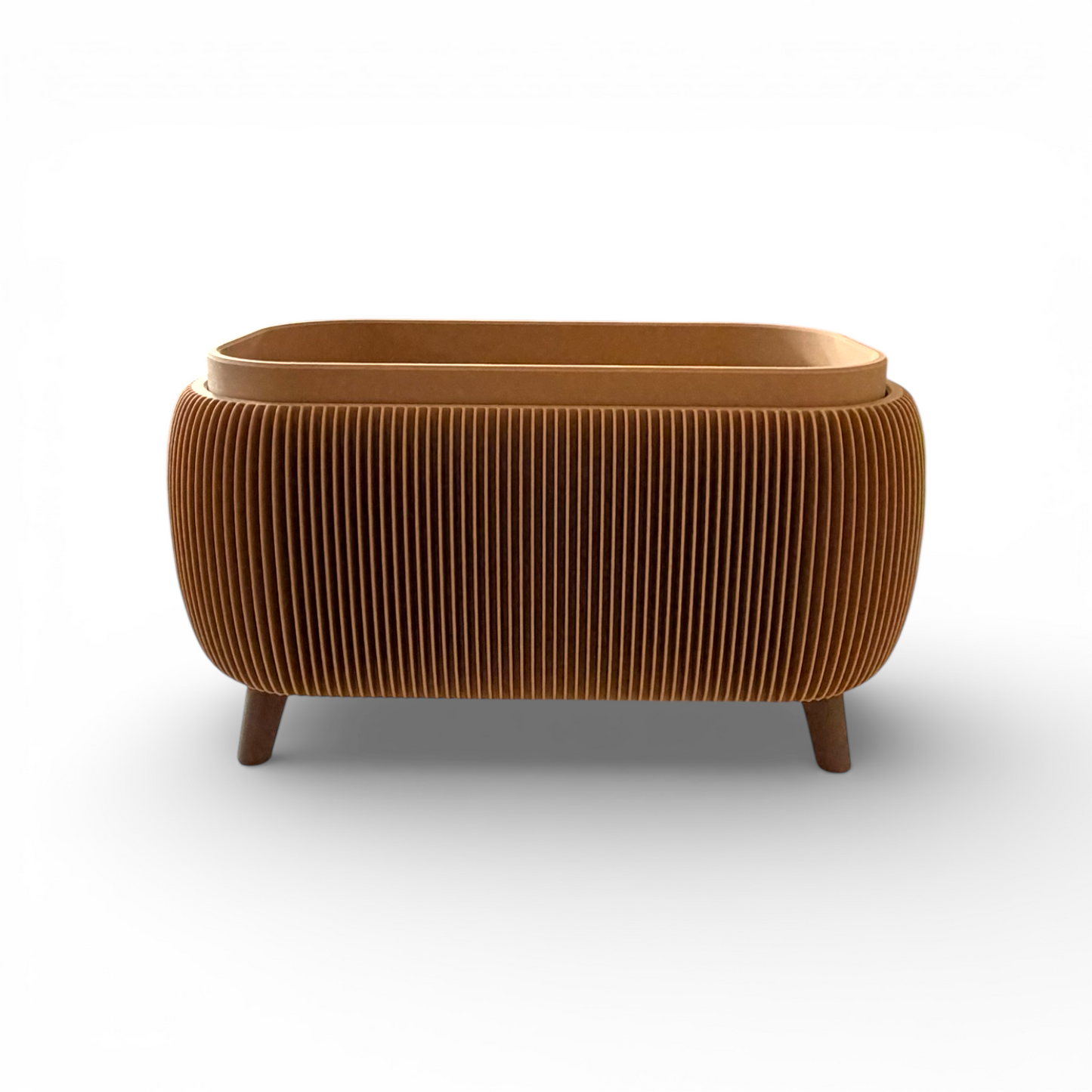 Retro Rounded Oblong Planter in latte matte with ribbed texture and raised feet for indoor plants
