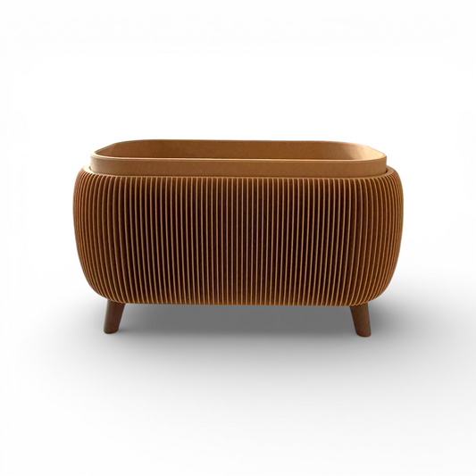 Retro Rounded Oblong Planter in latte matte with ribbed texture and raised feet for indoor plants