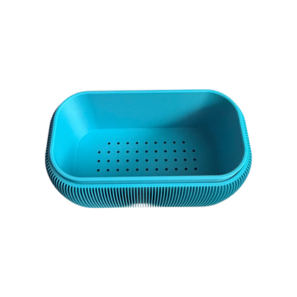 Turquoise retro rounded oblong planter with ribbed texture and liner insert for indoor plants