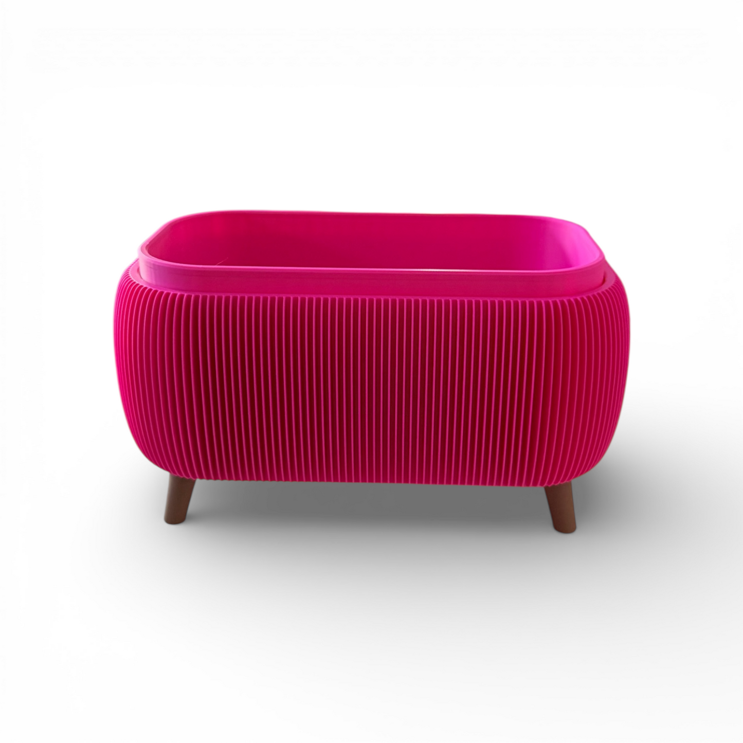 Retro Rounded Oblong Planter in raspberry with ribbed texture and liner insert for indoor plants