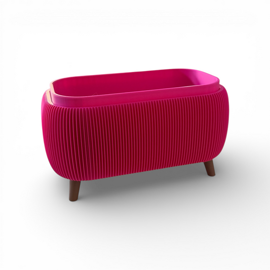 Retro rounded oblong planter in raspberry satin with ribbed texture and liner insert for indoor herbs and small plants