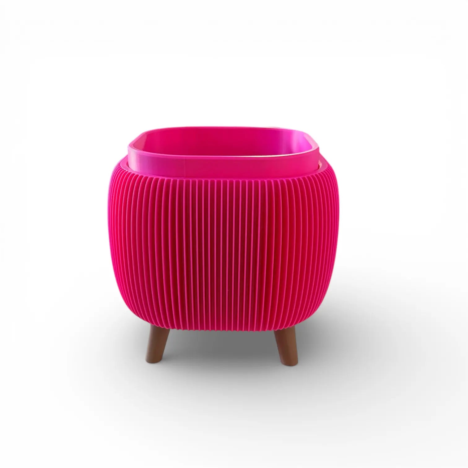 Retro Rounded Square Planter in raspberry with ribbed texture and raised feet for indoor plants