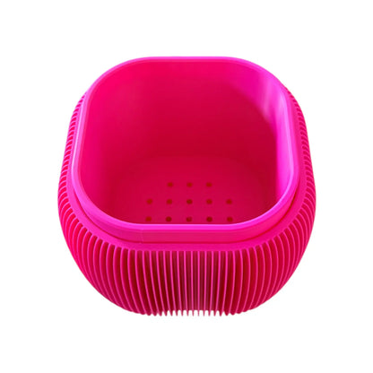 Retro rounded square planter in raspberry with ribbed texture and drainage liner