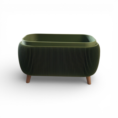 Retro Rounded Oblong Planter in olive matte with ribbed texture and drainage liner, ideal for indoor herbs and small plants.