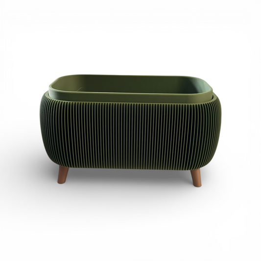 Retro Rounded Oblong Planter in olive matte with ribbed texture and drainage liner, ideal for indoor herbs and small plants.