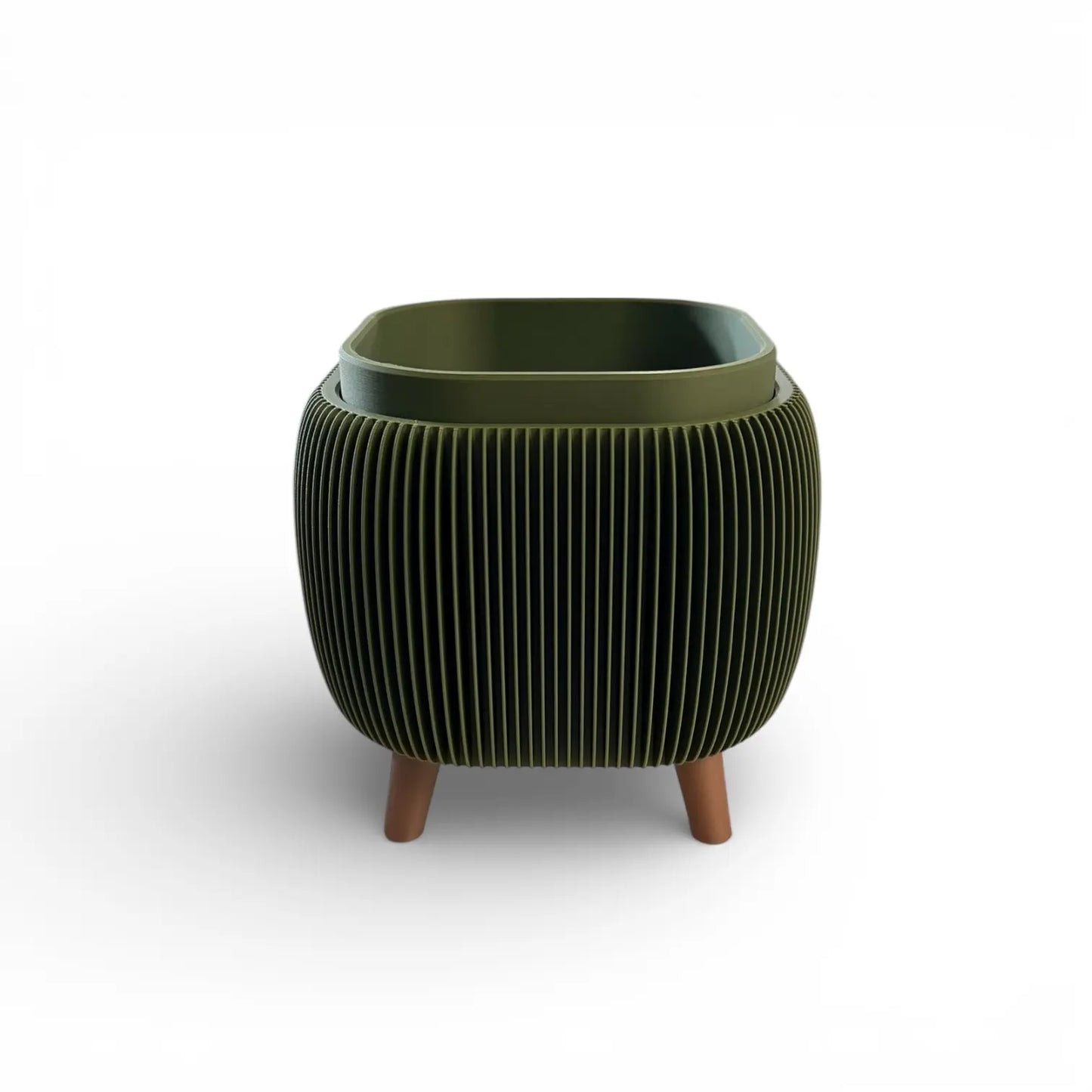 Retro Rounded Square Planter in olive matte with ribbed texture and raised feet, perfect for indoor herbs and small plants.