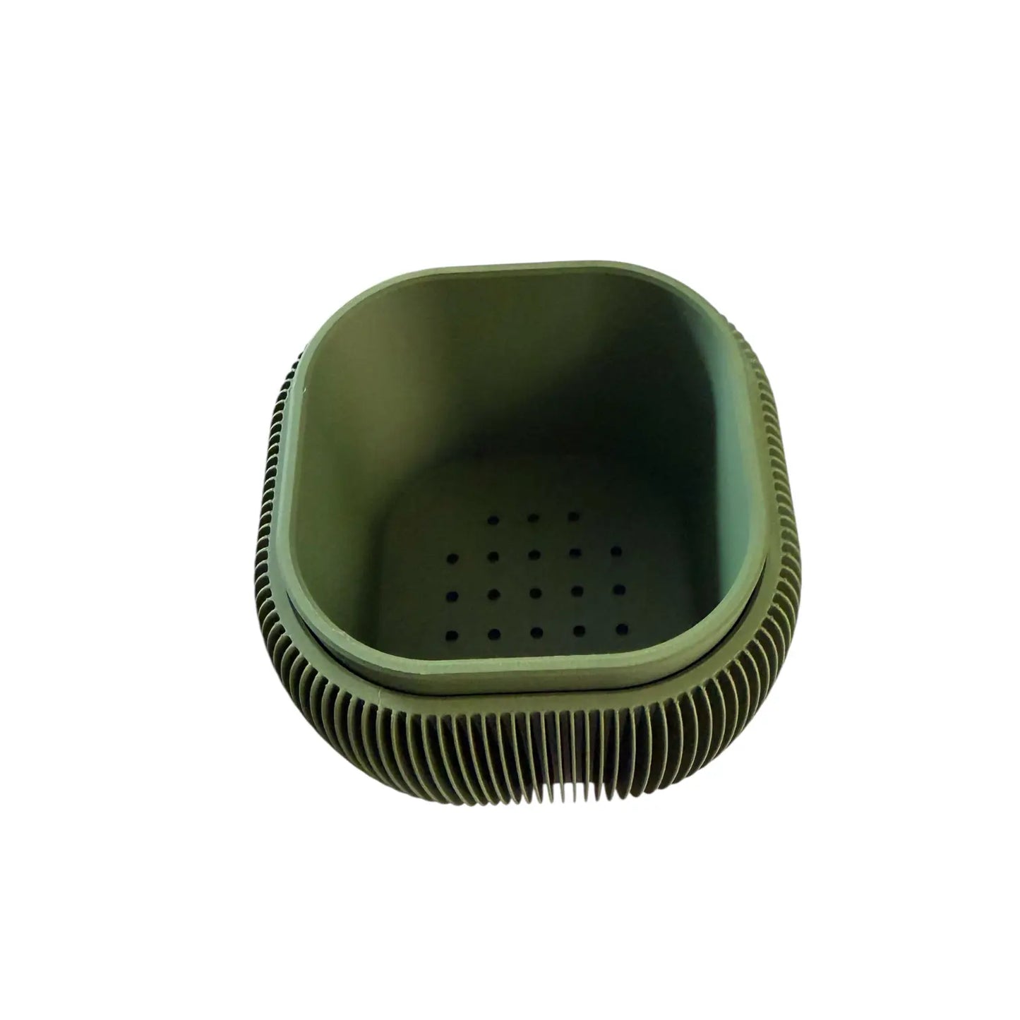 Olive retro rounded square planter with ribbed texture and raised feet for indoor plants