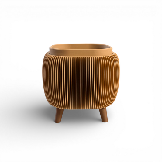 Retro Rounded Square Planter Latte Matte with ribbed texture and drainage liner for indoor plants