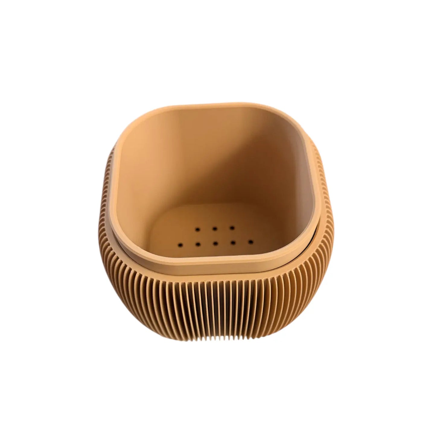 Retro Rounded Square Planter in latte matte with ribbed texture and drainage liner insert