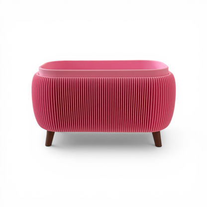 Soft pink retro rounded oblong planter with ribbed texture and drainage liner insert for indoor herbs and small plants