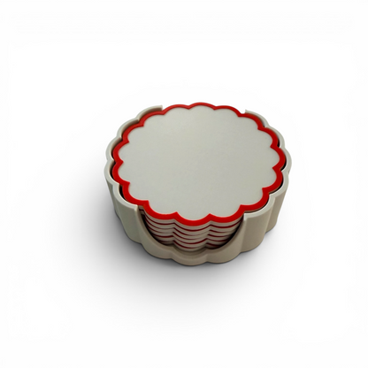 RETRO SCALLOPED COASTER SET BONE AND RED